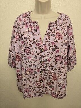 EUC Ann Taylor Ladies Floral Button-Front Short Sleeve Blouse